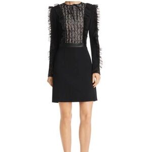 NWOT long sleeve mid length black dress with lace- trimmed with leather detail